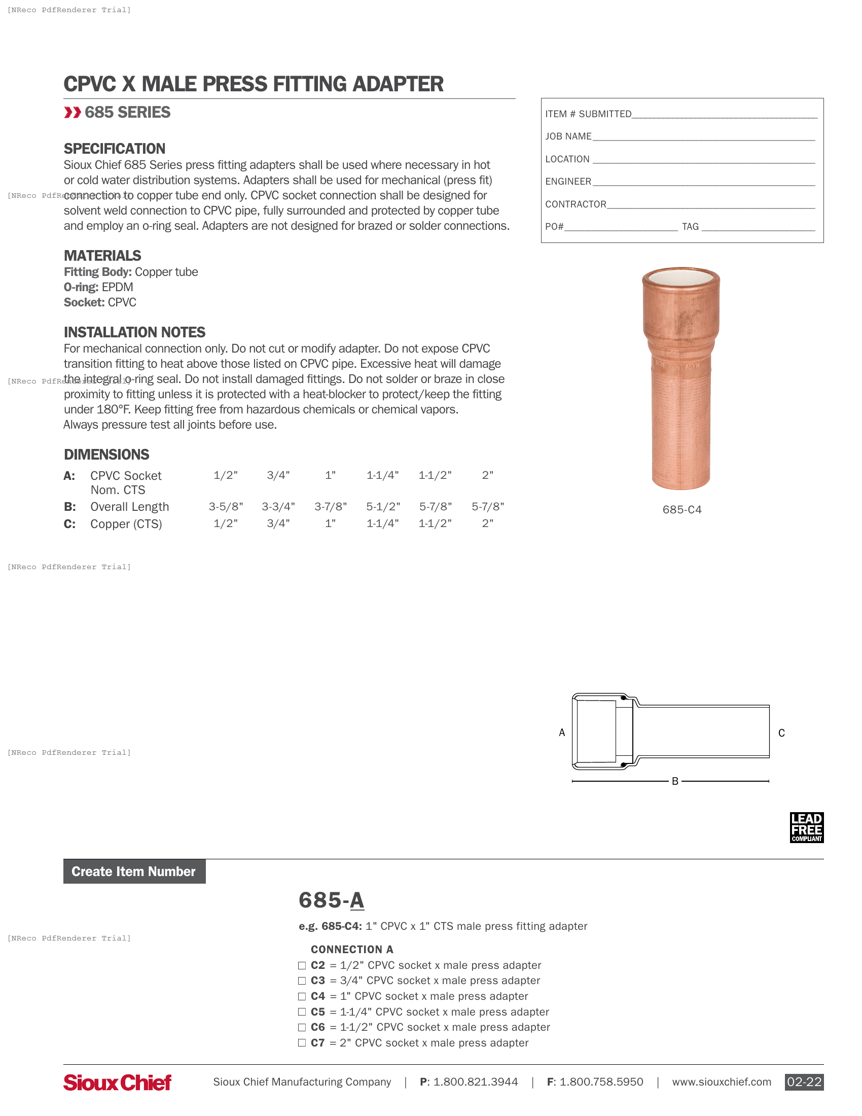 685 SERIES - CPVC X MALE PRESS ADAPTER - SPEC SHEET.PDF Specification Document